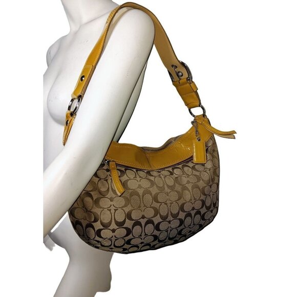 Coach Tan/Brown Signature Canvas Hobo Bag With Mustard Yellow Patent Leather Tri - Picture 8 of 13